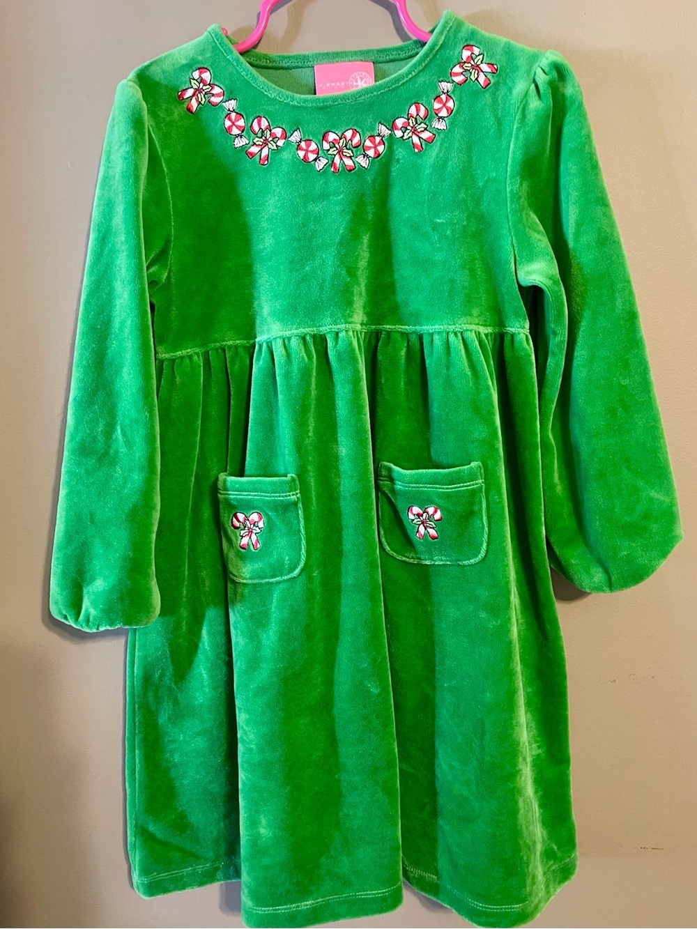 J. Khaki Green Velvet Girls' Dress with Candy Cane Embroidery (early 2000s)